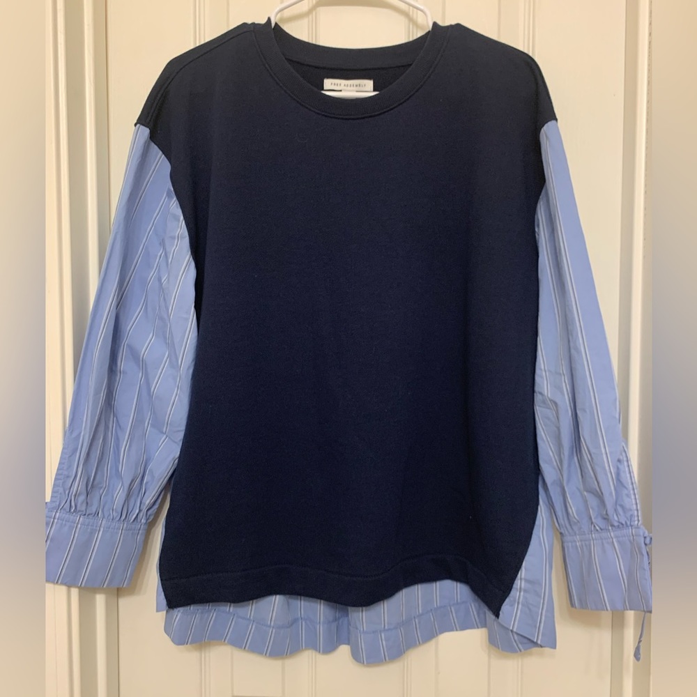 Free Assembly Navy Blue sweatshirt and Blue and white dress shirt combo
